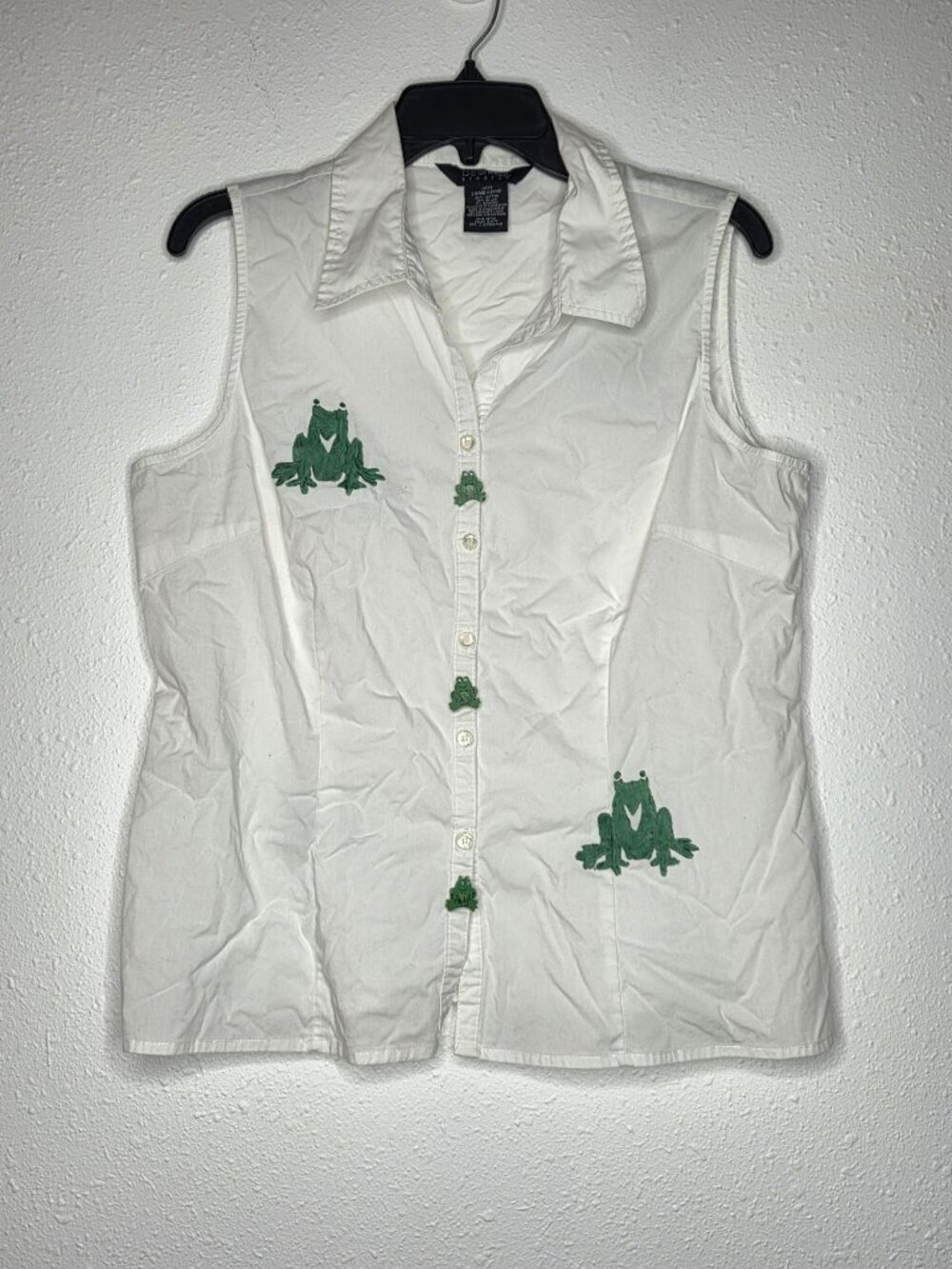 George Stretch Frogcore White Sleeveless Frog Embellished Button-Down Shirt L